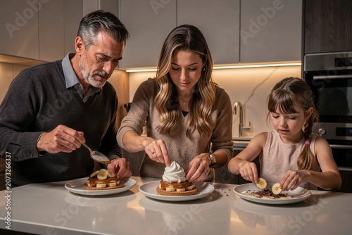 Family preparing Banoffee Pie in modern kitchen, father spreading whipped cream, daughter placing biscuit. Concept of family cooking, banana caramel cream pie with biscuit.