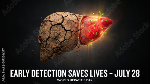 World Hepatitis Day conceptual poster, human liver with cracked dry earth texture and healthy glowing tissue, early detection saves lives medical banner