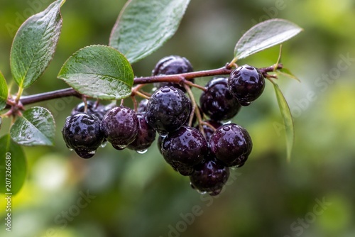 A branch with deep purple berries glistening with morning dew, macro detail.