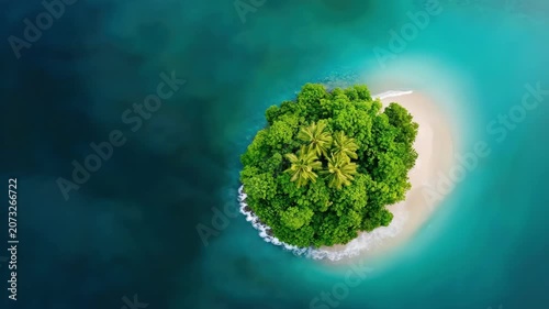 Lush green tropical island surrounded by turquoise ocean waters from above