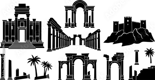 Obraz na płótnie Ancient Roman Ruins Silhouette Set – Column, Arch, Colonnade, Historical Archite
