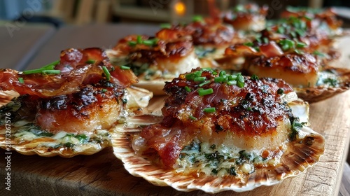 Elegant seafood appetizer featuring tender scallops, aromatic garlic butter, diced ham, and vibrant spring onions.
