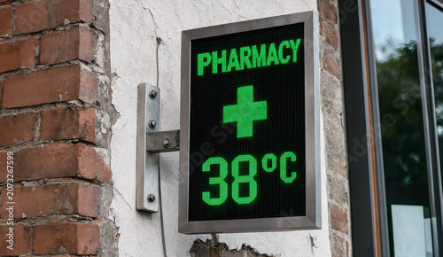 An outdoor LED pharmacy sign on a building wall shows '38°C', indicating warm weather conditions.