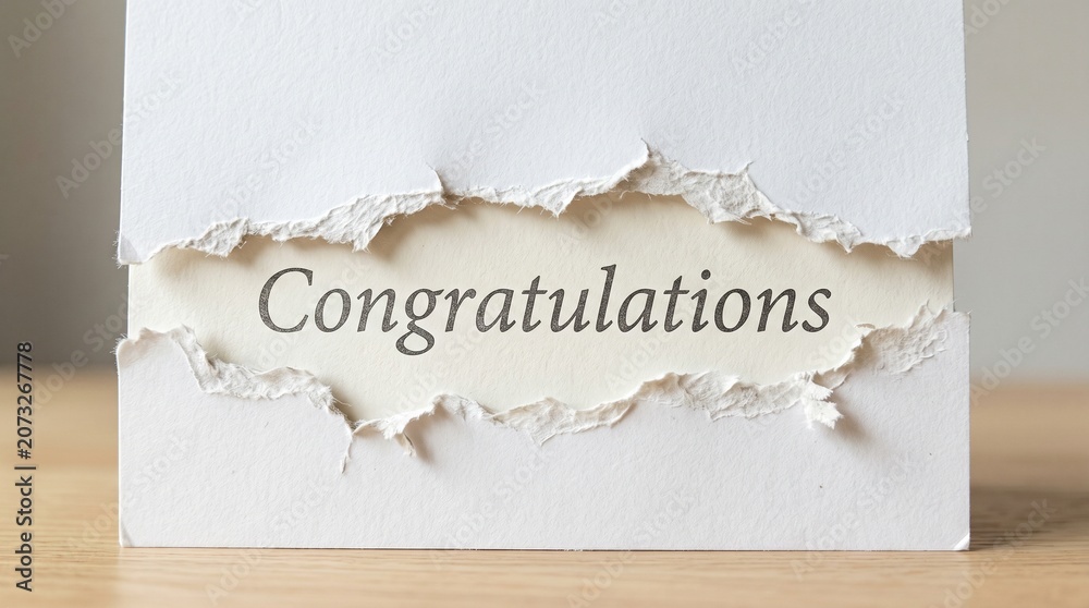 Fototapeta premium Torn paper congratulations card, greeting, celebration, white background