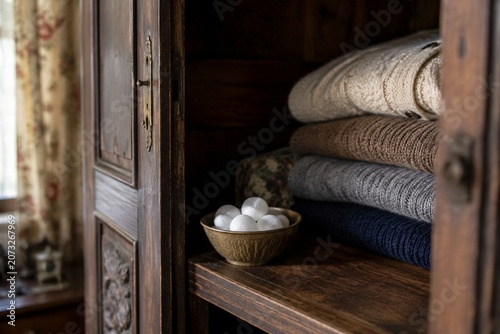 White camphor balls placed inside an antique wooden wardrobe with folded clothing.