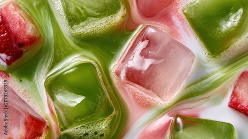 Iced strawberry matcha latte with colorful fruit cubes and creamy green tea swirls