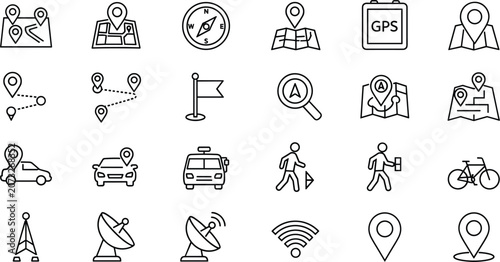 Photos Navigation and GPS map thin line icon set with location pin route compass car pe