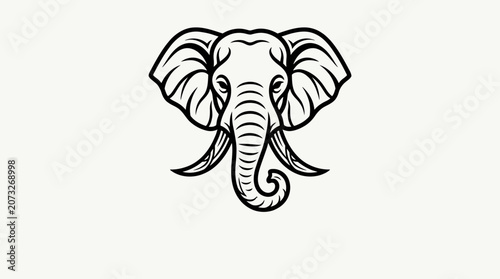 Majestic African Elephant Head Profile with Large Tusks in Detailed Outline, Isolated White Background