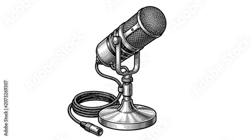 Vintage Hand Drawn Microphone Vector Engraving for Podcast and Studio Music Recording Concepts