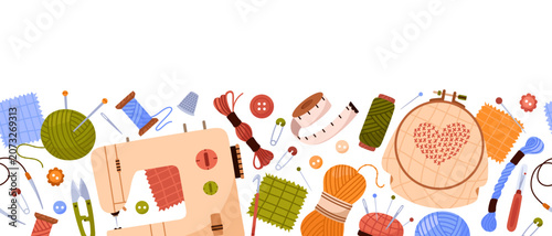 Sewing, embroidery and knitting poster. Seamless horizontal border. Handicraft tools. Hobbies, handmade. Sewing machine, yarn, pincushion, pin, button. Tailor, seamstress. Vector illustration.