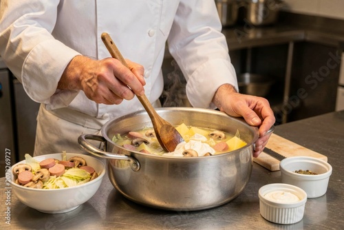 Chef in commercial kitchen stirring Kapustnica, rich cabbage soup with sausage, mushrooms, cream. Concept of culinary art, preparation, fresh ingredients, modern kitchen design.
