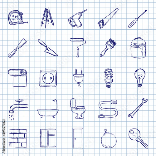 Fotografía Blue Ink Sketch Set of Home Repair Icons