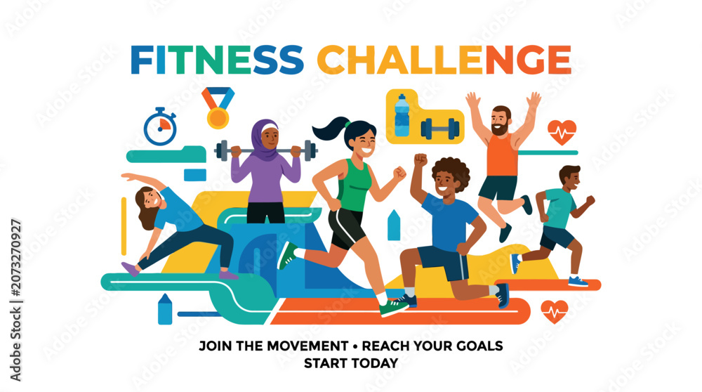 Naklejka premium Fitness Challenge Diverse People Running and Exercising