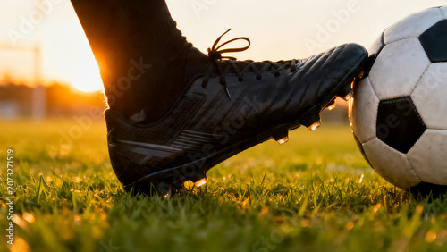 Close-up of soccer cleat stepping on grass next to ball