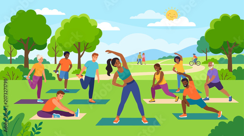 Groupe de personnes diverses faisant du yoga et des exercices de fitness dans un parc public ensoleillé.