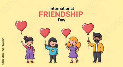 International friendship day illustration with children holding heart balloons
