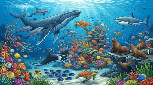 Une illustration vibrante et détaillée de la vie sous-marine avec divers animaux marins dans un récif corallien coloré.