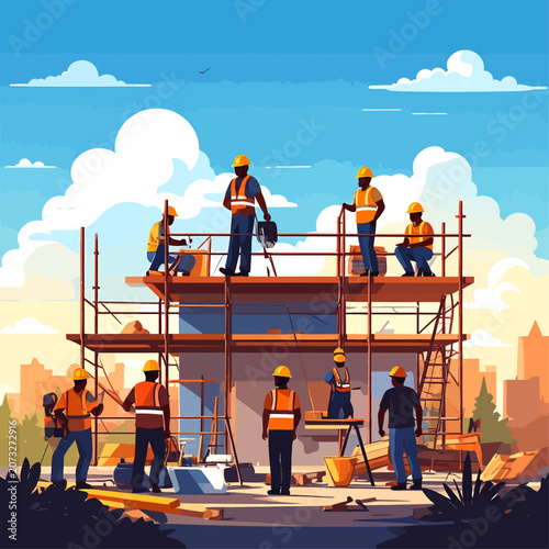 Équipe d'ouvriers du bâtiment travaillant sur un chantier de construction avec des échafaudages.