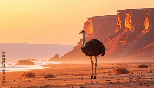 An ostrich stands on a sandy beach at sunset with waves in the background.