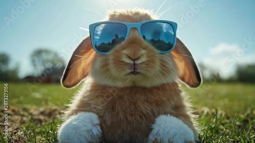 Adorable rabbit wearing sunglasses relaxing outdoors in sunny park. Easter, Pascha, Paskha, Ostern, Pascua, Paques - Orthodox and Catholic Holiday celebration