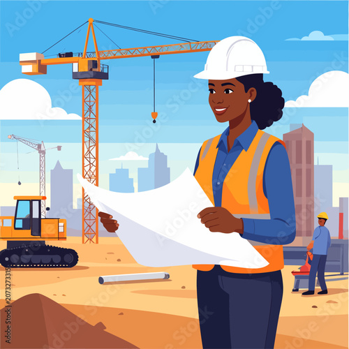 Ingénieure en bâtiment souriante examinant des plans sur un chantier de construction avec une grue.