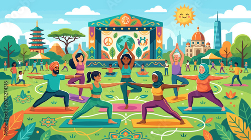 Groupe diversifié de personnes pratiquant le yoga en plein air dans un parc urbain.