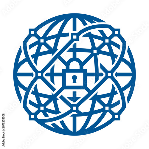 A blue digital globe icon featuring a central security padlock symbol