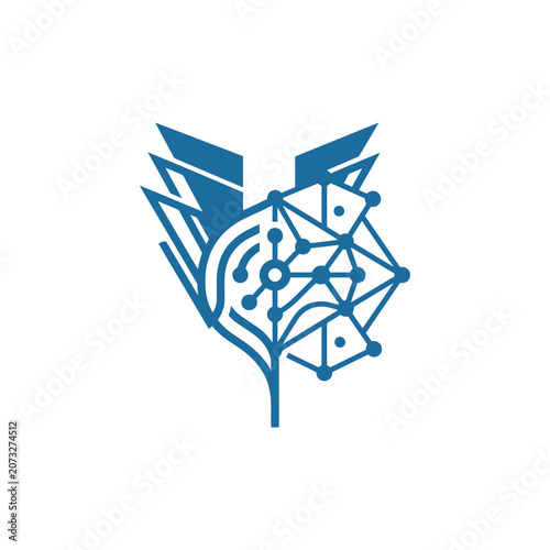 A blue digital graphic design featuring geometric network patterns