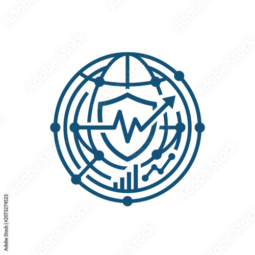 A blue digital globe icon featuring a shield and data graph