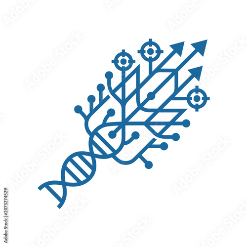 A blue digital graphic showing genetic data and growth arrows