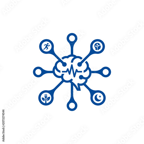 A blue digital icon representing a connected human brain network