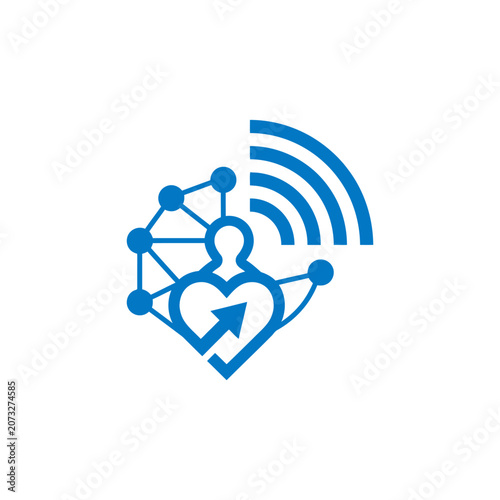 A blue digital icon representing human connection and wireless data