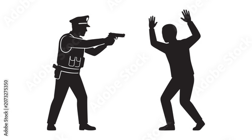 Tableau sur toile Police officer and suspect in a standoff black silhouette