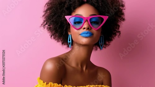 Fashionable young african woman with bold makeup and pink sunglasses against pink background
