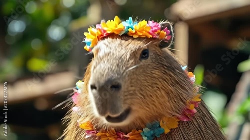 Capybara wearing colorful flower headdress in a sunlit garden setting. Cinco de Mayo, Battle of Puebla Day, Mexican Heritage Festival - Latin American Cultural Celebration