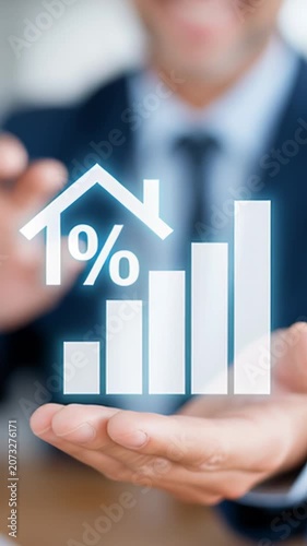 Financial advisor or real estate agent holds a holographic interface showing a bar chart with an increasing interest rate percentage