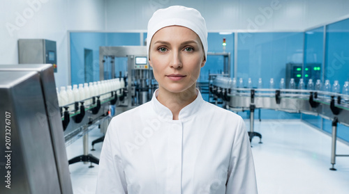 Medium close-up of a female chemical technologist in an optic white lab coat on a high-tech automated dairy packaging line, calm confident expression, Rembrandt lighting, 16:9 cinematic feel.
