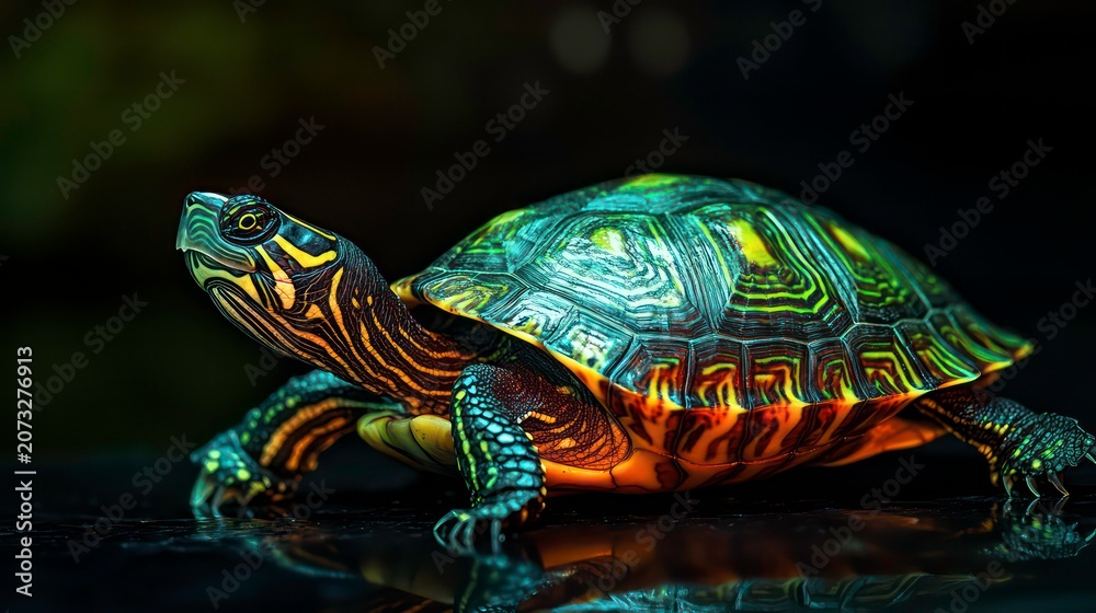 Obraz premium A vibrant turtle relaxes on a dark surface, highlighting its intricate shell patterns in warm light