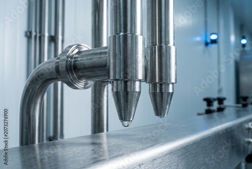 Macro still life shot of three automated filling nozzles made of polished stainless steel, wet water meniscus clinging to the tip, standard tri-clamp fitting scale anchor, f/11 focus.
