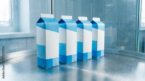 Slight high angle still life of four newly filled milk cartons with blue-and-white geometric patterns standing aligned on a steel conveyor table, soft window daylight reflection.
