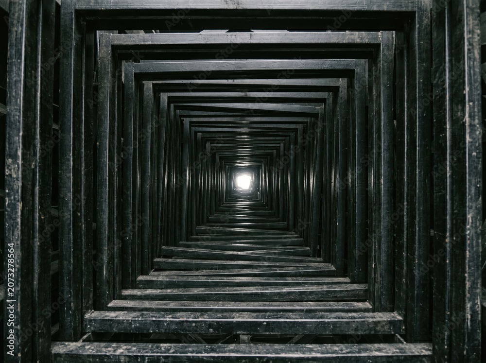 Fototapeta premium POV view through dark geometric endless tunnel towards blinking light.
