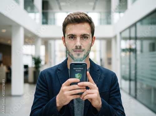 Symmetrical portrait of man unlocking digital banking account accessibility via face recognition.