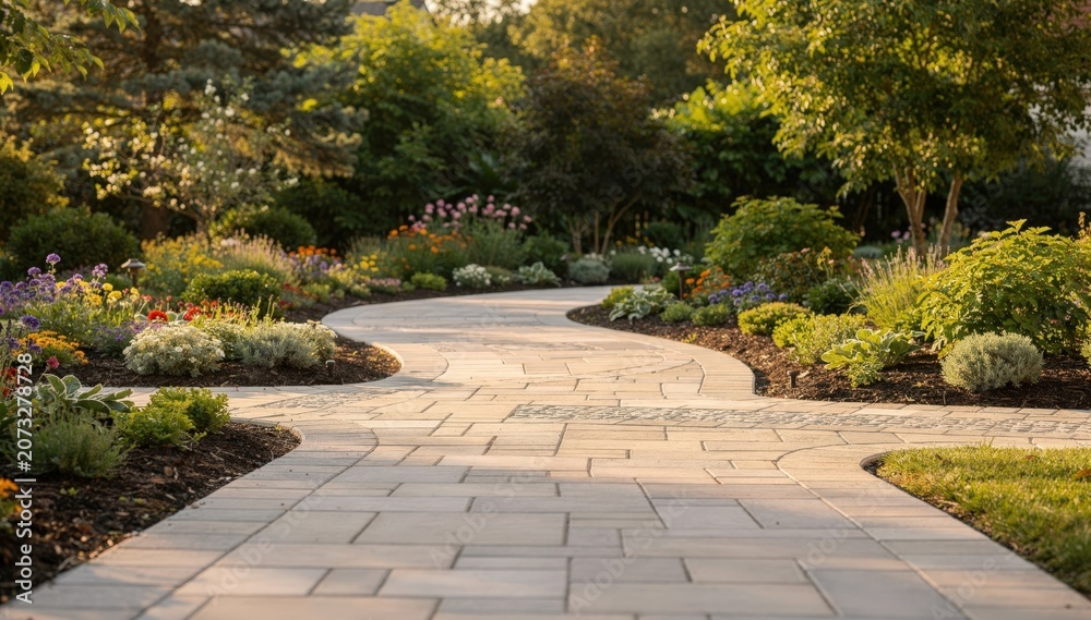 Fototapeta premium Wide paver pathway showcasing even accessible design winding through a vibrant backyard with soft background greenery.