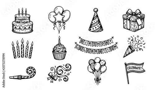 Birthday Party Doodle Elements Set with Cake Balloons Gifts and Decorations