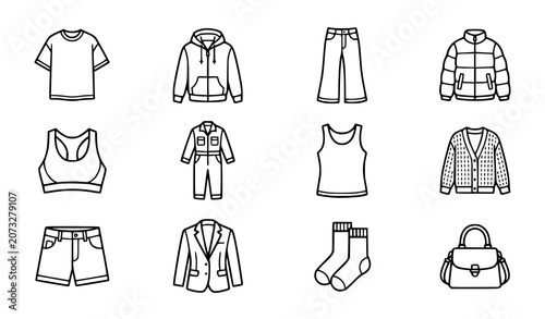 Clothing Apparel Outline Icon Set Featuring Casual Fashion Items and Accessories