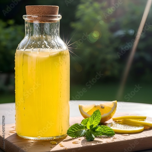 Fresh Lemonade in Glass Bottle with Mint and Lemon Slices in Sunny Summer Garden