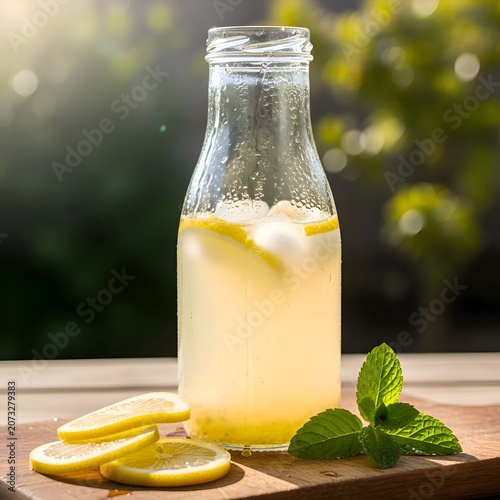 Fresh Lemonade in Glass Bottle with Ice and Mint on Sunny Outdoor Table Refreshing Summer Drink