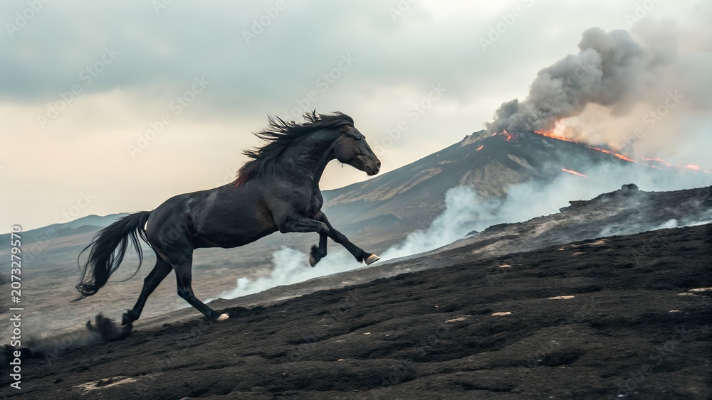 Fototapeta premium Powerful Black Horse Running Across Volcanic Landscape With Smoke Effects