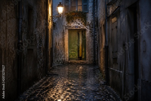 Narrow European alley at dusk ending at ajar green door.