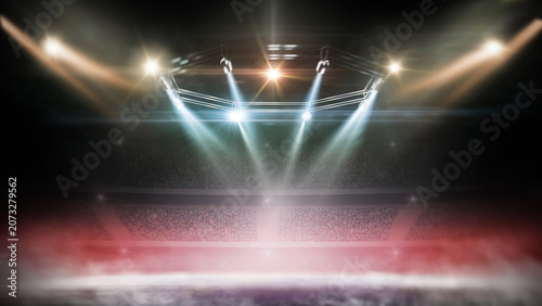 Red background. Stage podium with red smoke, golden spotlight and glitter on dark background. Sport abstract background. Theatre show and award ceremony concept